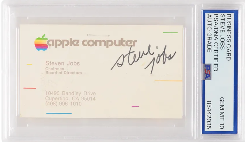 Image of Steve Jobs' old Apple business card with his signature